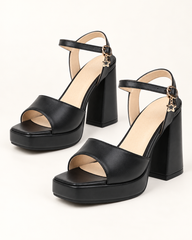 Ankle Strap Platform Block Heel Sandals - Black - variant image