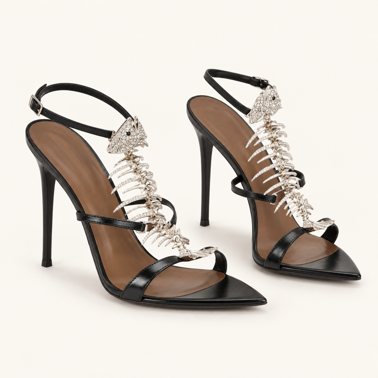 Metallic Fishbone Detail Stiletto Sandals - Black - variant image