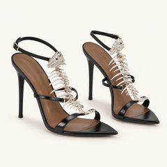Metallic Fishbone Detail Stiletto Sandals - Black - variant image