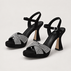 Rhinestone Ankle Strap Heeled Sandals - Black - variant image