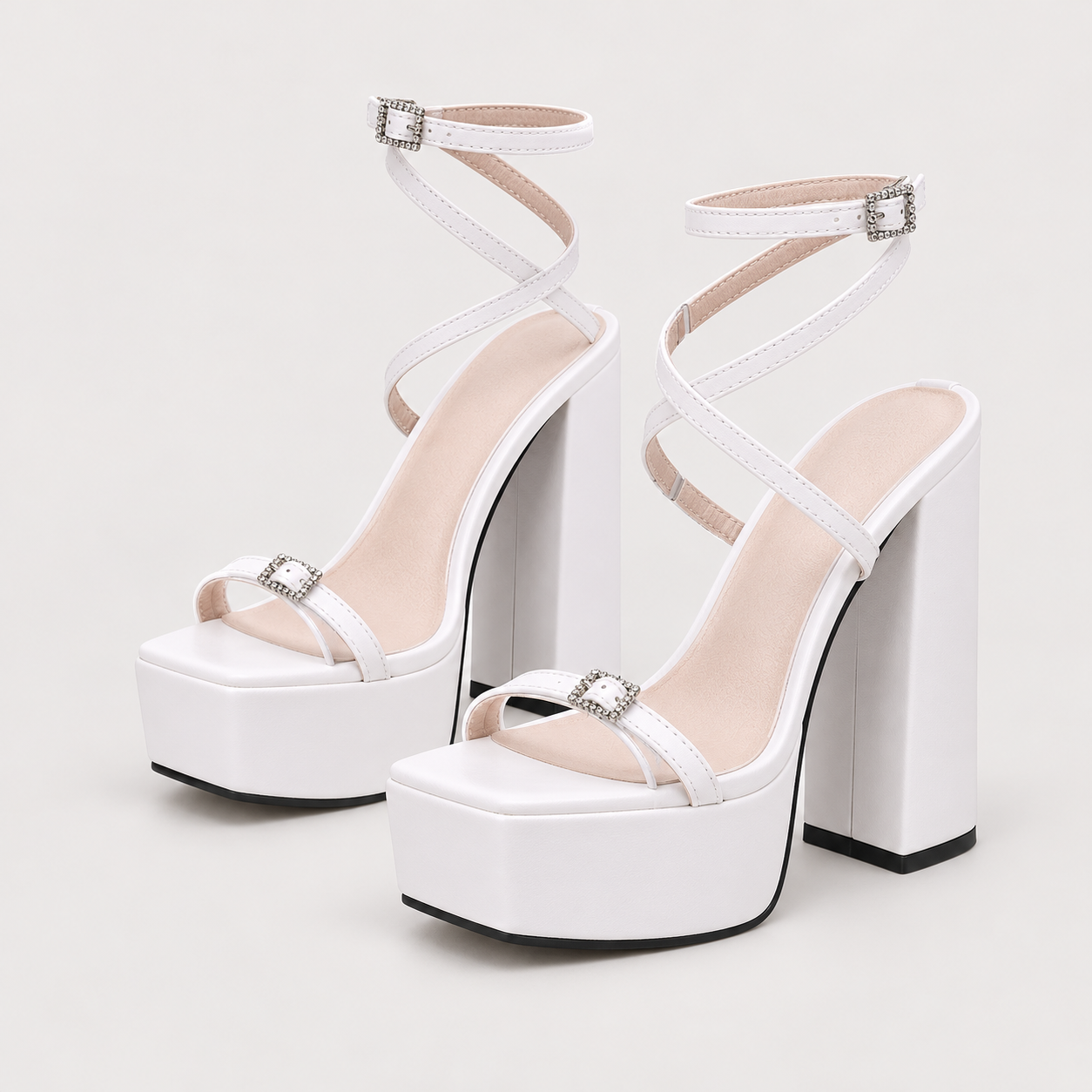 Cross Strap Platform Block Heel Sandals - White - variant image