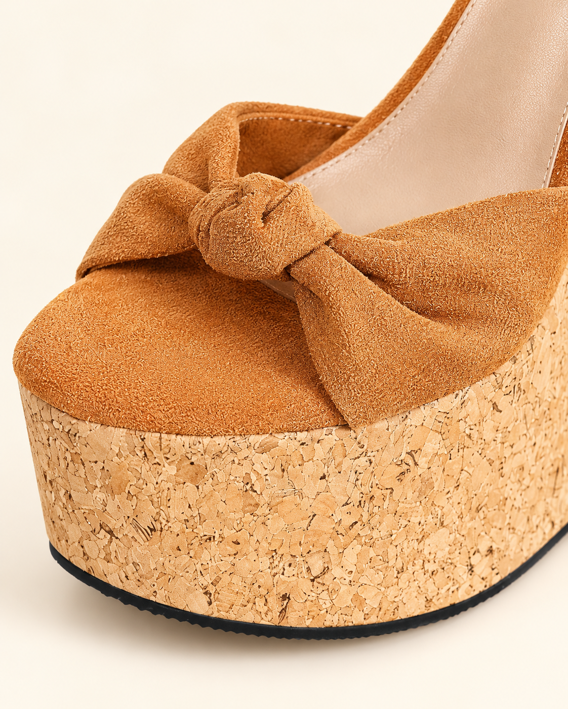 Bow Detail Cork Look Wedge Sandals - Tan - product view 4