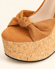Bow Detail Cork Look Wedge Sandals - Tan - product view 4