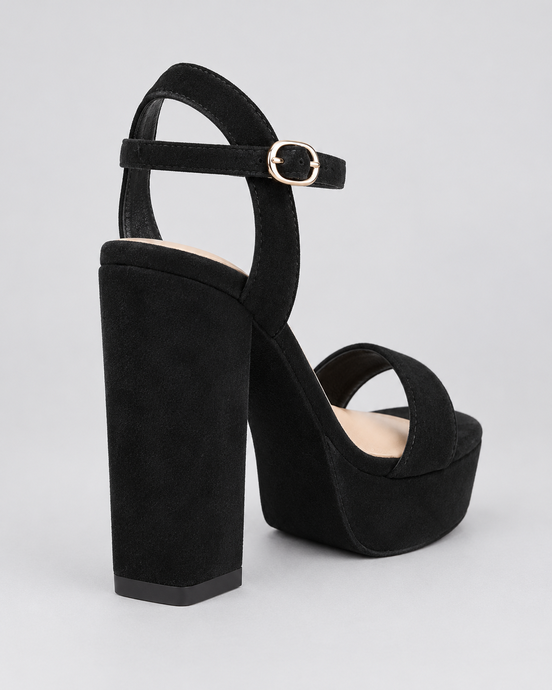 Rhinestone Platform Block Heel Sandals - Black Suede Look - product view 4