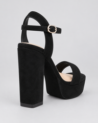 Rhinestone Platform Block Heel Sandals - Black Suede Look - product view 4