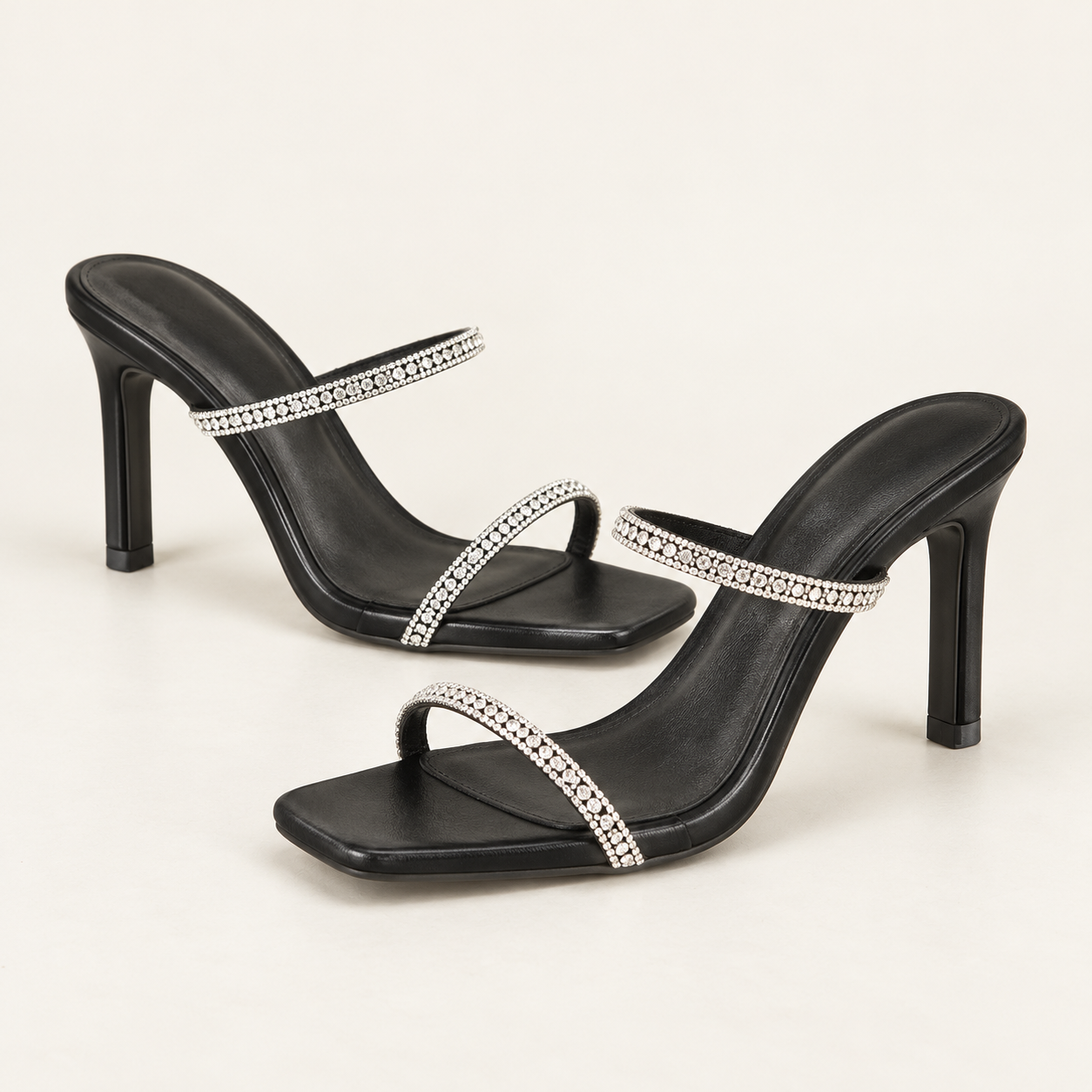 Rhinestone Strap Block Heel Sandals - Black - variant image