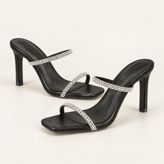 Rhinestone Strap Block Heel Sandals - Black - variant image