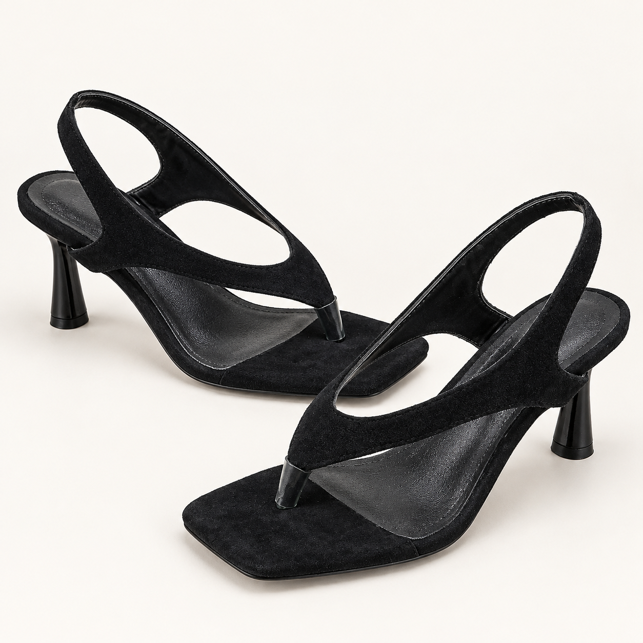 Square Toe Thong Slingback Heels - Black - variant image
