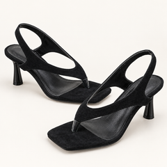 Square Toe Thong Slingback Heels - Black - variant image