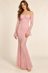 Off Shoulder Lace Flared Sleeve Maxi Dress - Pink - Product view
