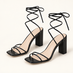 Cross Strap Lace Up Heel Sandals - Black - variant image