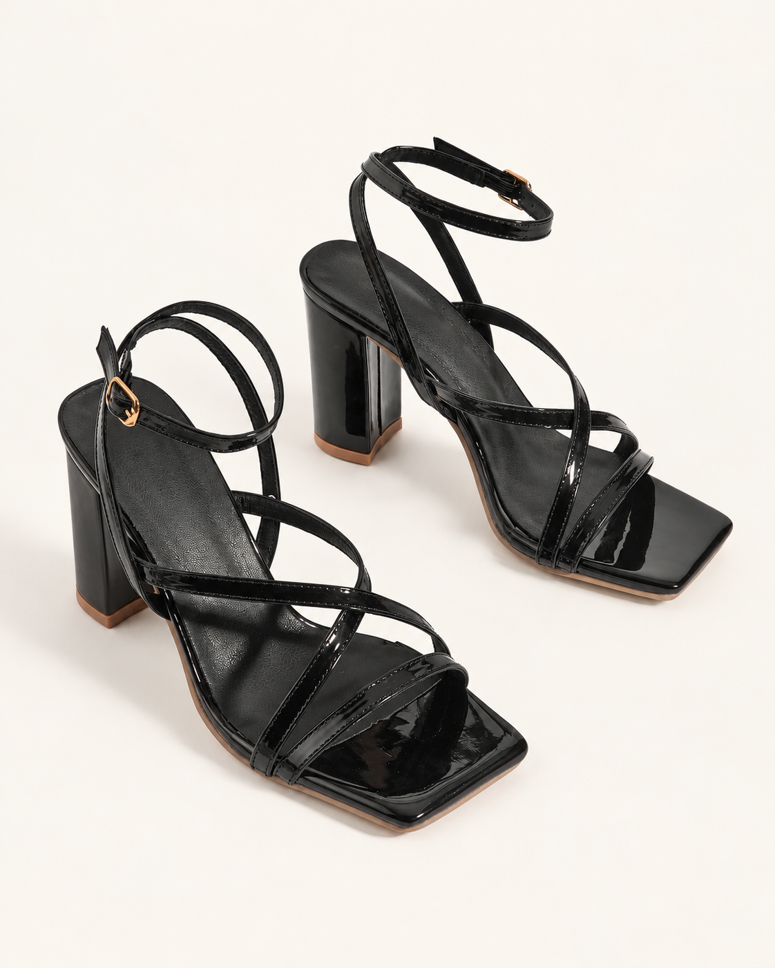 Square Toe Cross Strap Block Heel Sandals - Black - variant image