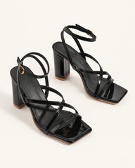 Square Toe Cross Strap Block Heel Sandals - Black - variant image