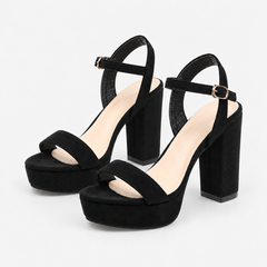 Rhinestone Platform Block Heel Sandals - Black Suede Look - variant image