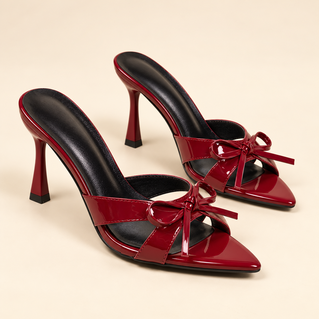 Bow Detail Peep Toe Heeled Mules - Burgundy - variant image