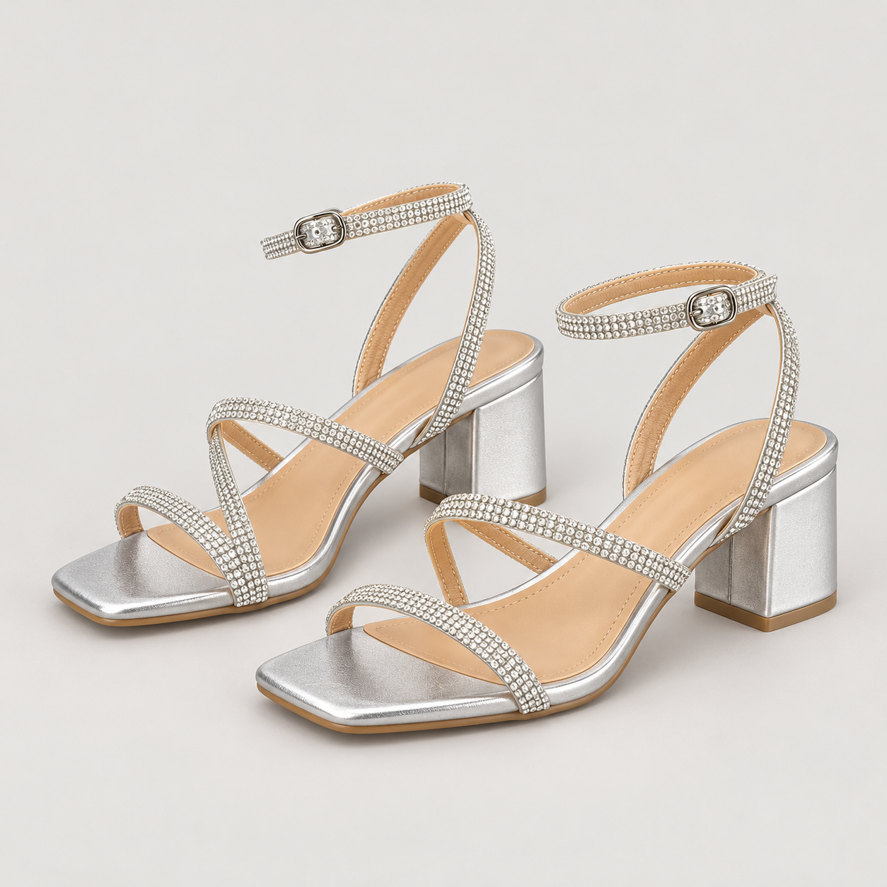 Slim Strap Open Toe Heeled Sandals - Silver - variant image