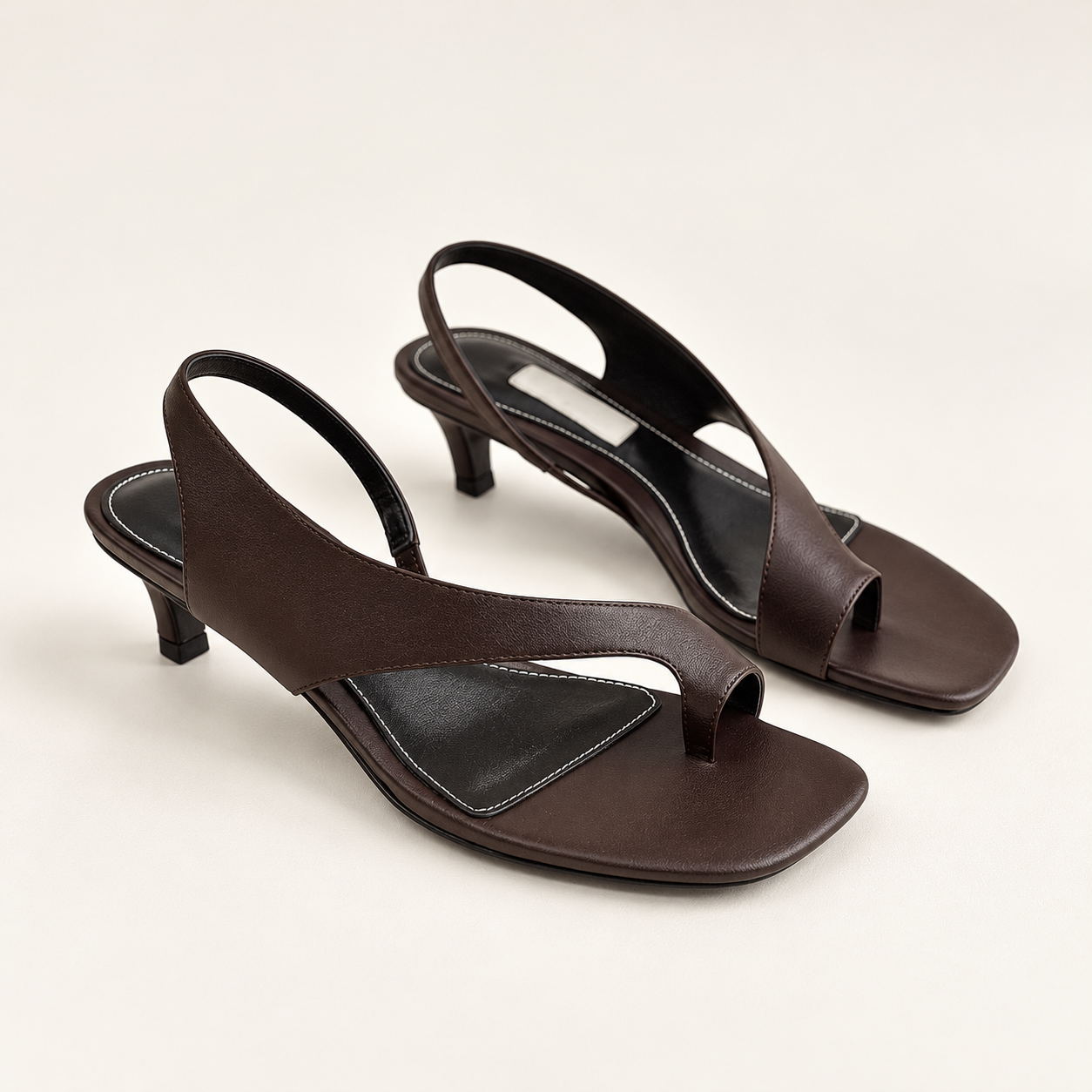 Asymmetric Thong Slide Sandals - Coffee Mid Heel - product view 1