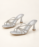 Rhinestone Strap Heeled Slide Sandals - Silver - product view 1
