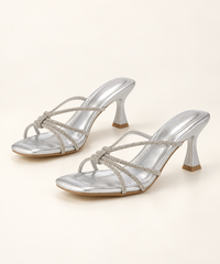 Rhinestone Strap Heeled Slide Sandals - Silver - product view 1