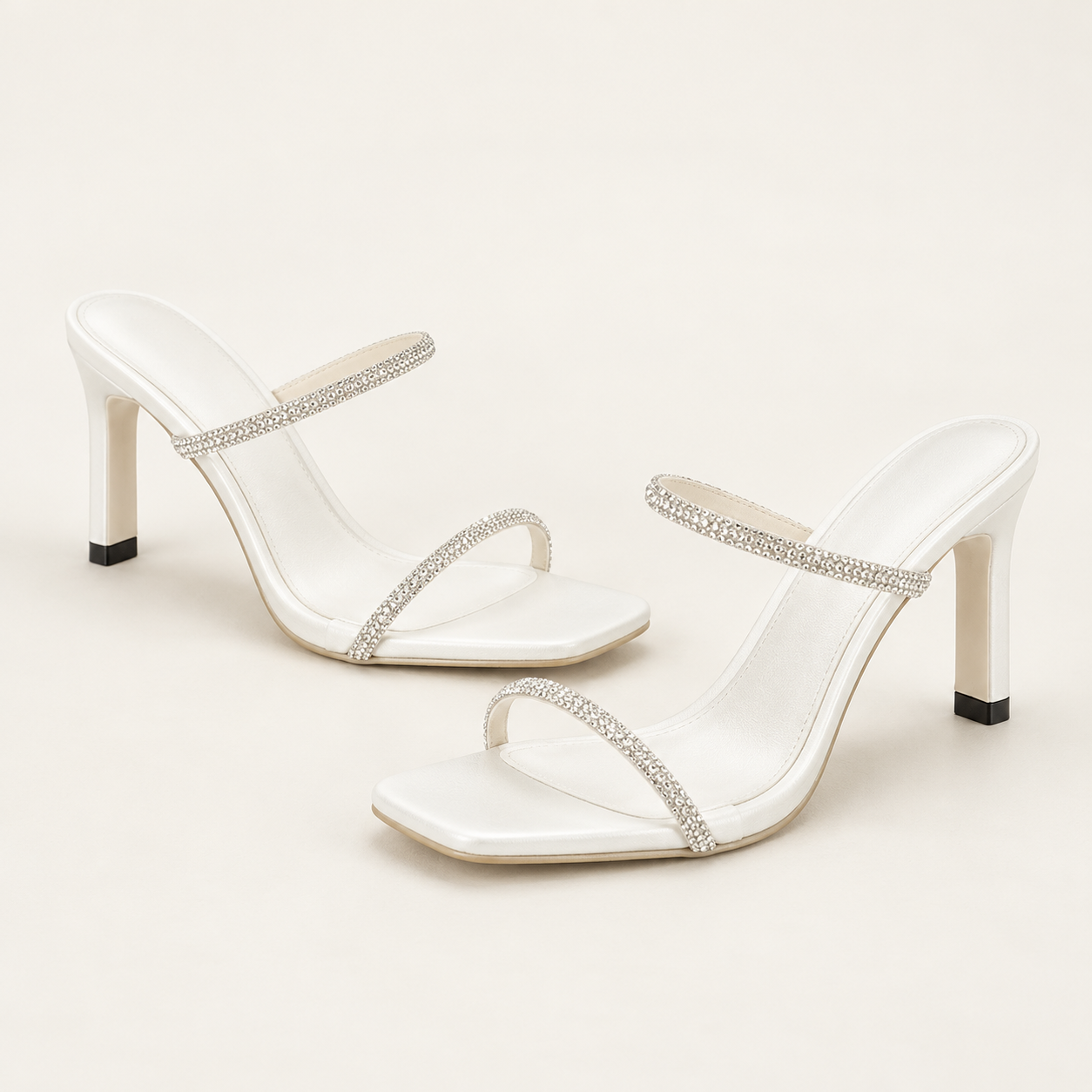Rhinestone Strap Block Heel Sandals - White - variant image
