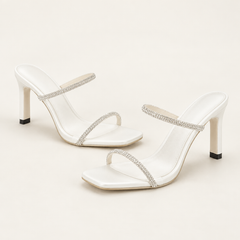 Rhinestone Strap Block Heel Sandals - White - variant image
