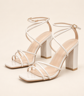Cross Strap Ankle Tie Block Heel Sandals - White - product view 1