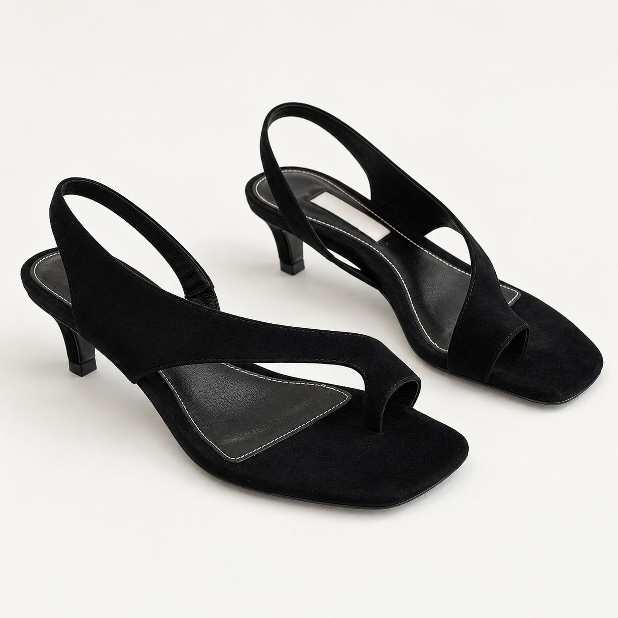 Asymmetric Thong Slide Sandals - Black Mid Heel - variant image