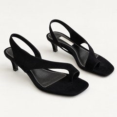 Asymmetric Thong Slide Sandals - Black Mid Heel - variant image