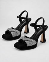 Rhinestone Ankle Strap Heeled Sandals - Black - product view 1