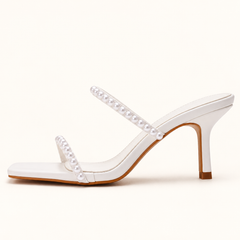 Pearl Detail Square Toe Heeled Mules - White - product view 2