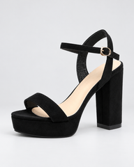 Rhinestone Platform Block Heel Sandals - Black Suede Look - product view 2