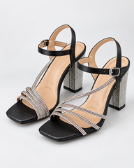 Rhinestone Strap Block Heel Sandals - Black - product view 1