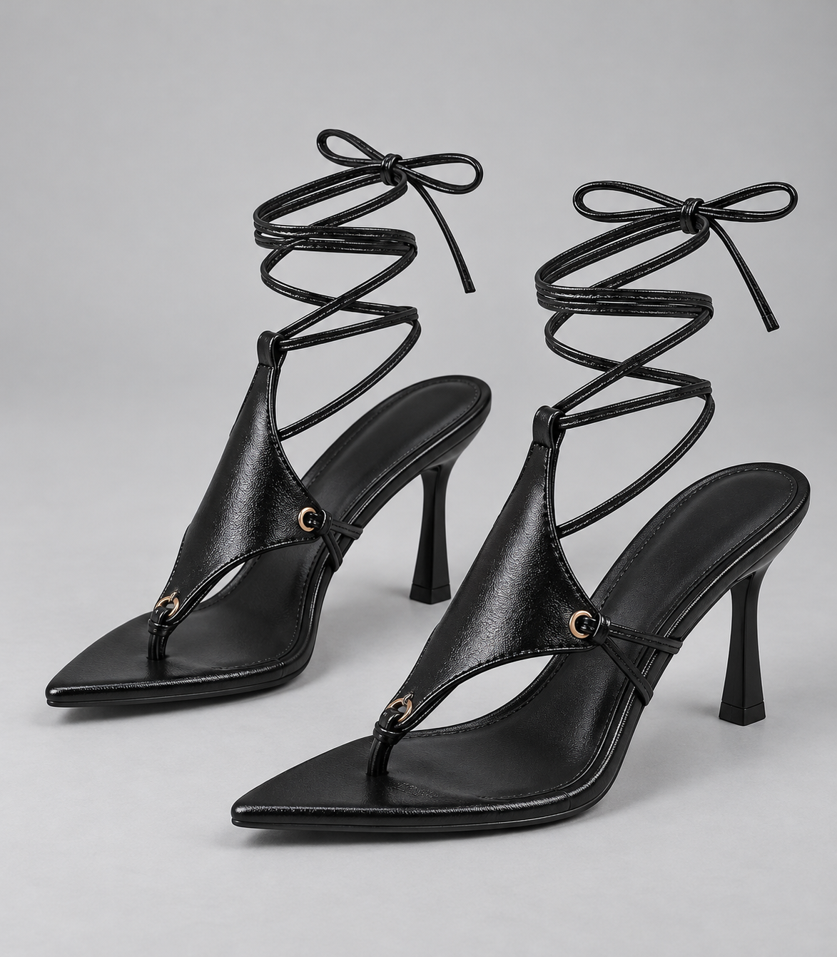 Cross Strap Lace Up Stiletto Sandals - Thong Straps Black (8 cm) - product view 1