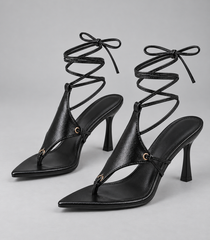 Cross Strap Lace Up Stiletto Sandals - Thong Straps Black (8 cm) - product view 1