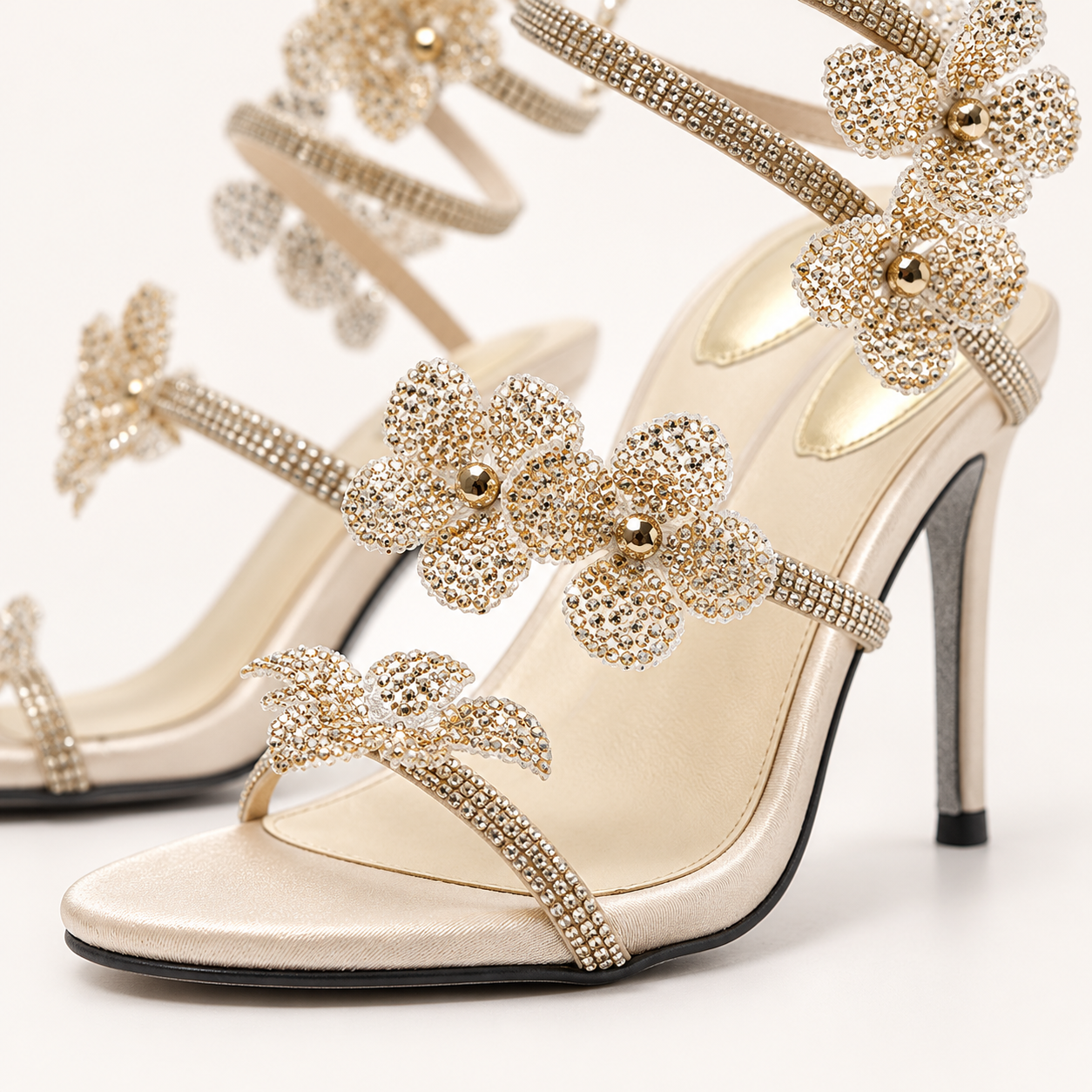 Floral Spiral Strap Stiletto Sandals - Champagne 8 cm - product view 2