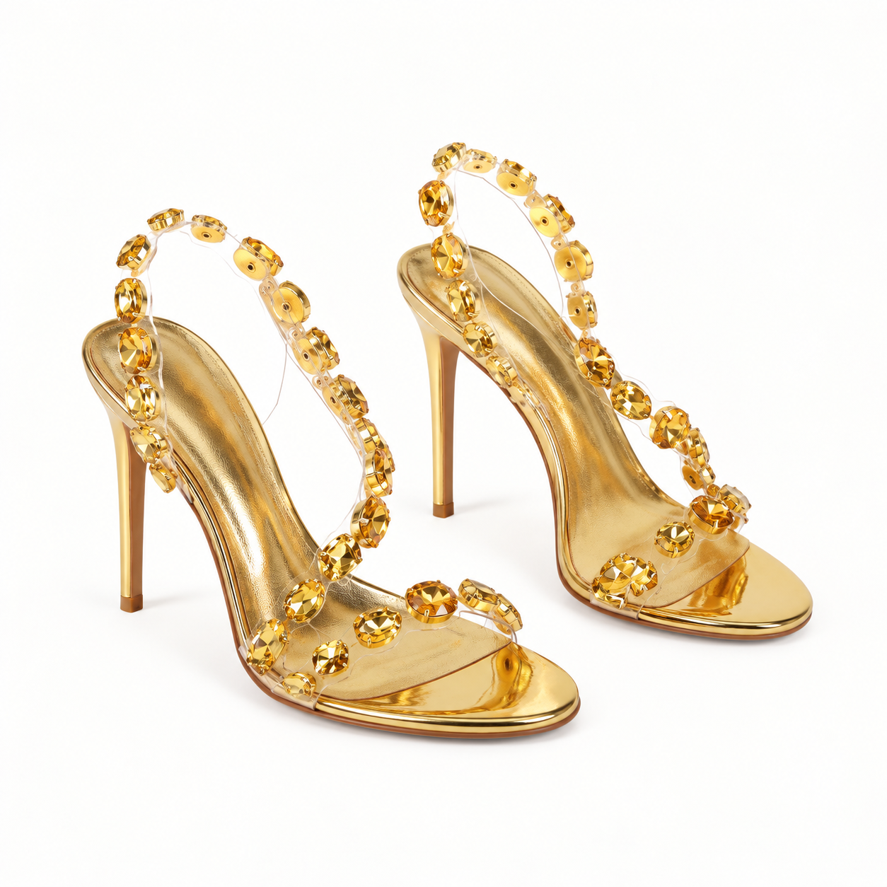 Gemstone Detail Clear Strap Stiletto Sandals - Gold - variant image