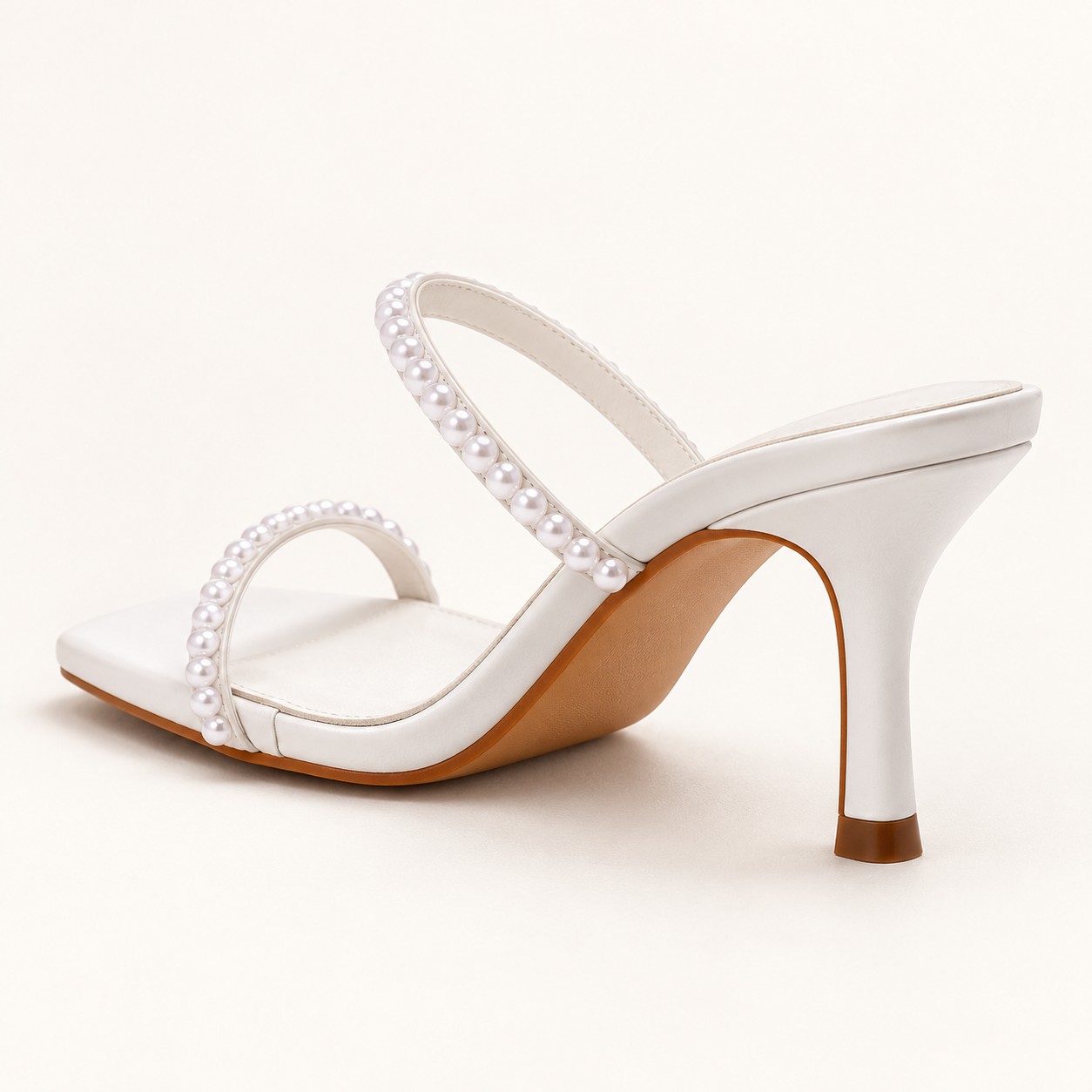Pearl Detail Square Toe Heeled Mules - White - product view 4