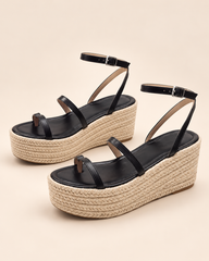 Buckle Strap Platform Wedge Sandals - Black - product view 1
