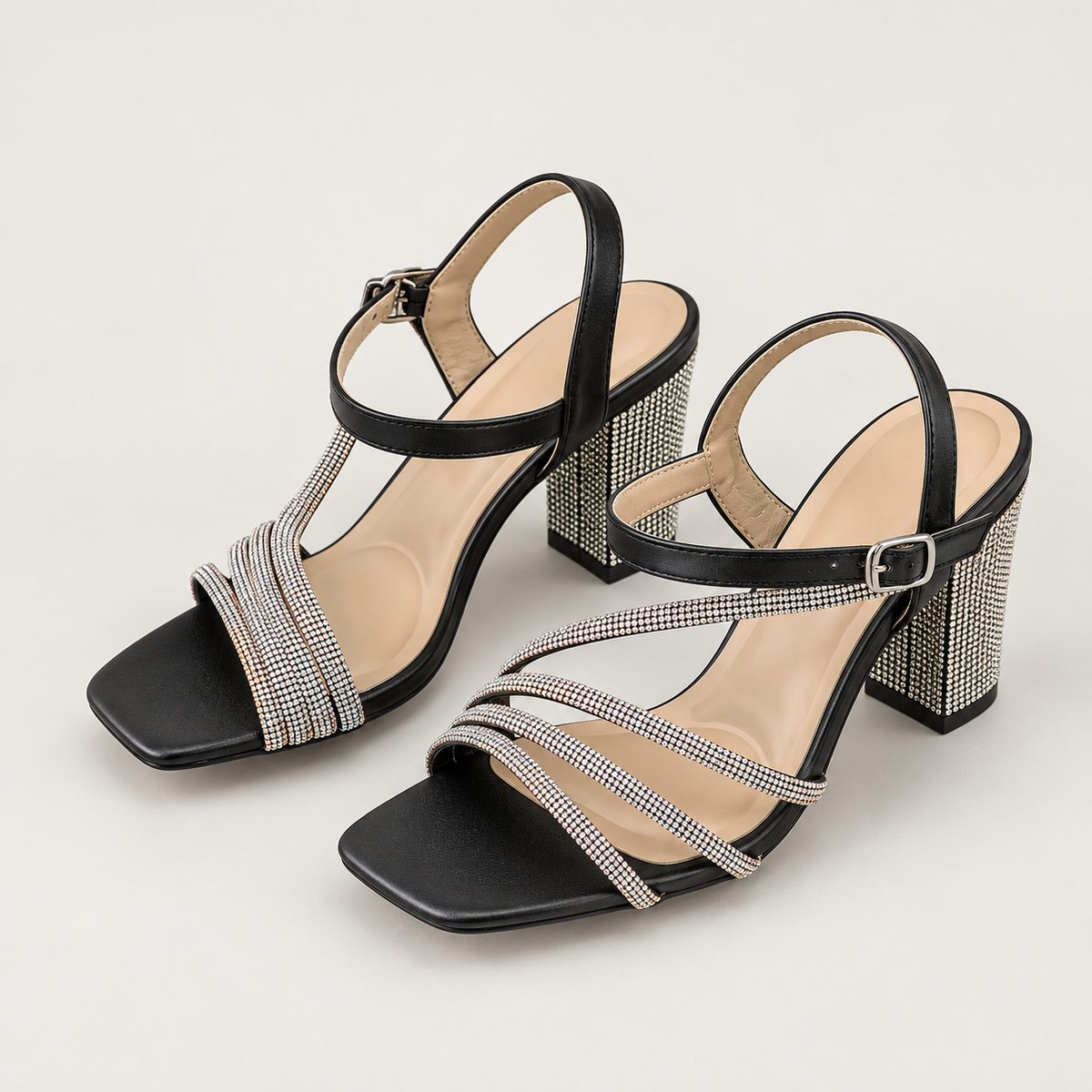 Rhinestone Strap Block Heel Sandals - Black - variant image