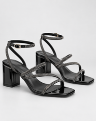 Slim Strap Open Toe Heeled Sandals - Black/PAT - product view 1