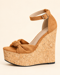 Bow Detail Cork Look Wedge Sandals - Tan - product view 2