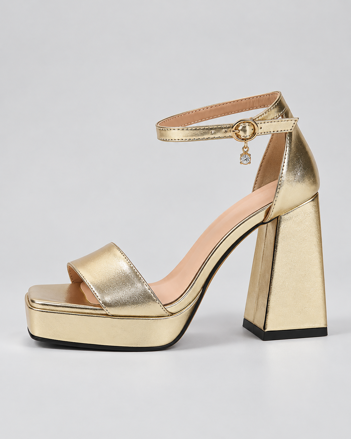 Metallic Ankle Strap Platform Block Heel Sandals - Gold - product view 2