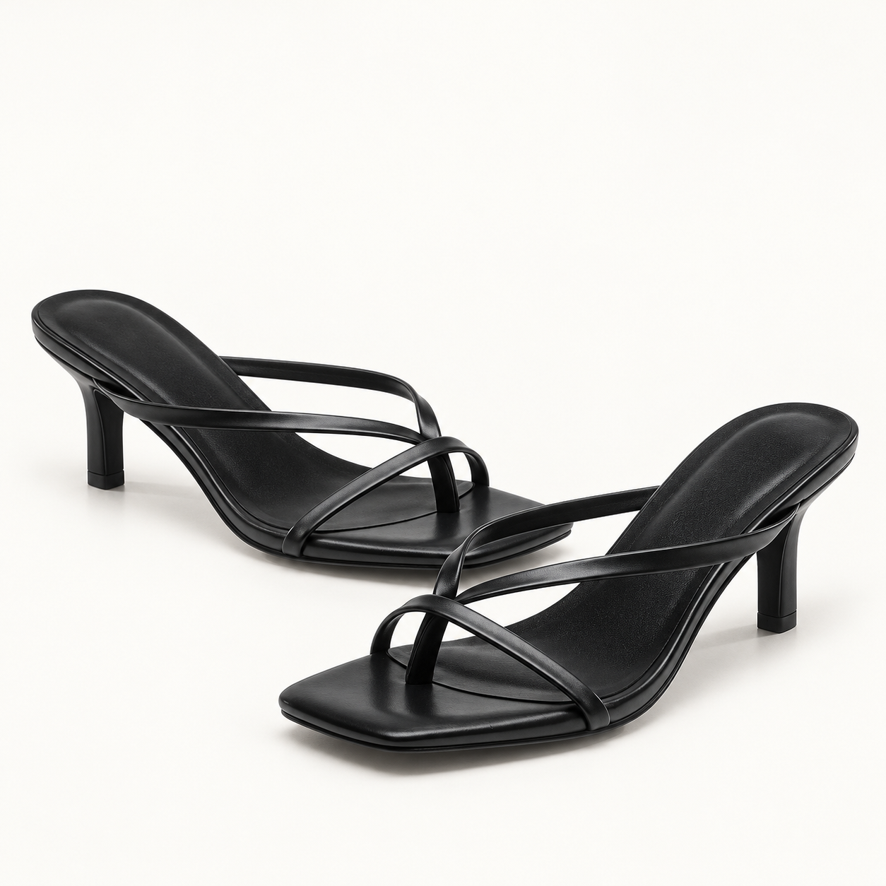 Square Toe Cross Strap Heeled Mules - Black - variant image