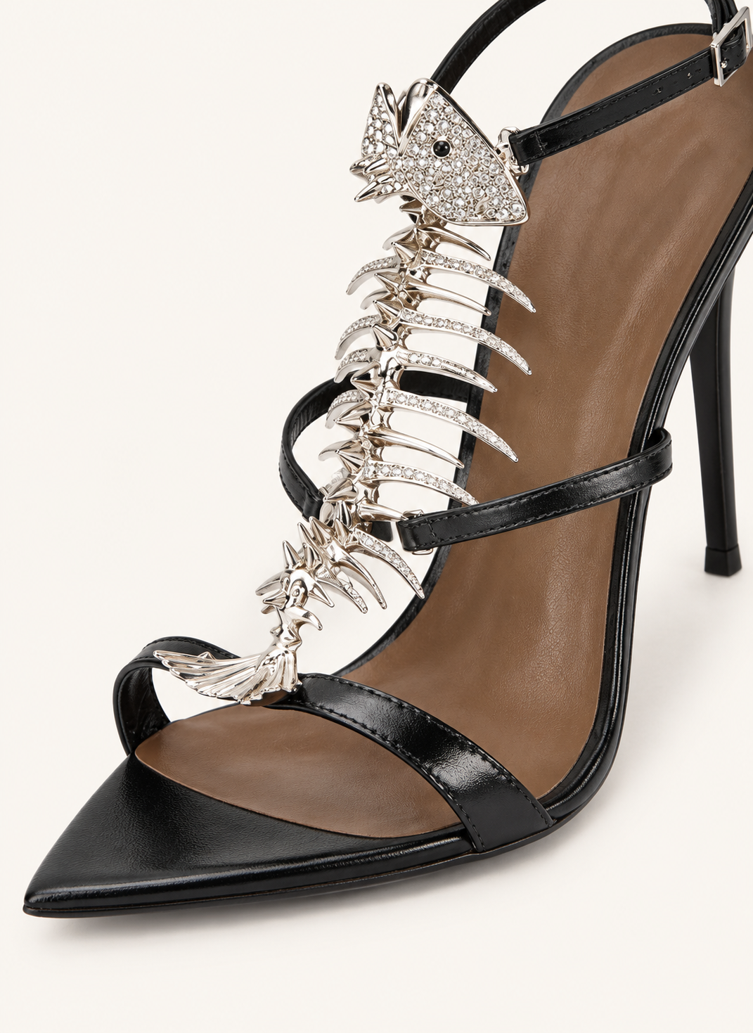 Metallic Fishbone Detail Stiletto Sandals - Black - product view 5