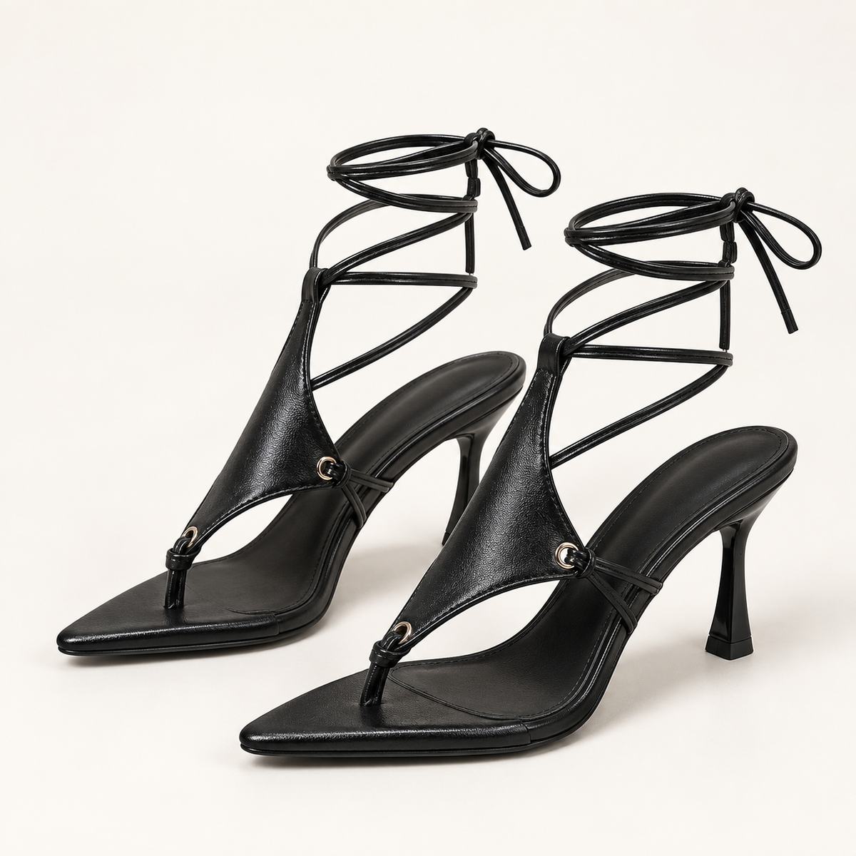 Cross Strap Lace Up Stiletto Sandals - Thong Straps Black (8 cm) - variant image
