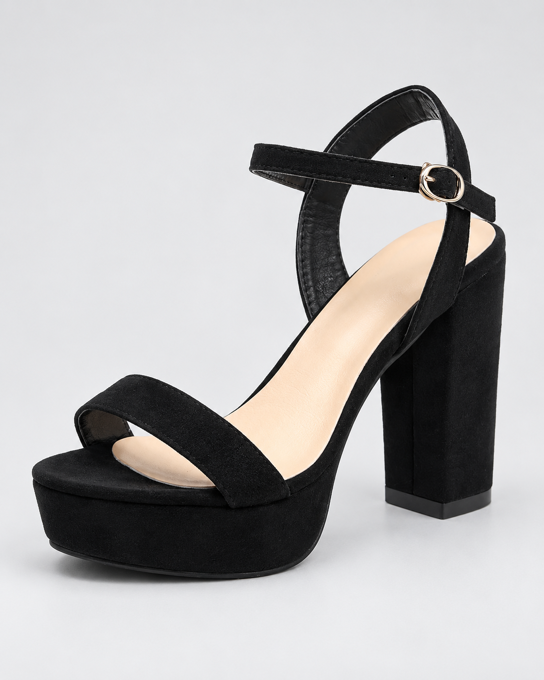 Rhinestone Platform Block Heel Sandals - Black Suede Look - product view 3