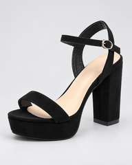Rhinestone Platform Block Heel Sandals - Black Suede Look - product view 3