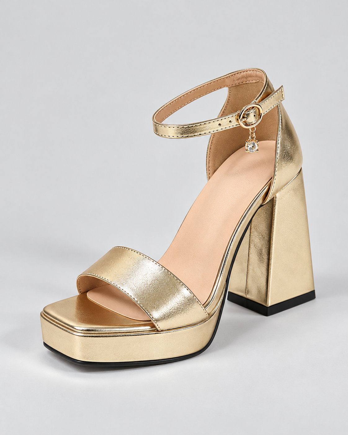 Metallic Ankle Strap Platform Block Heel Sandals - Gold - product view 3