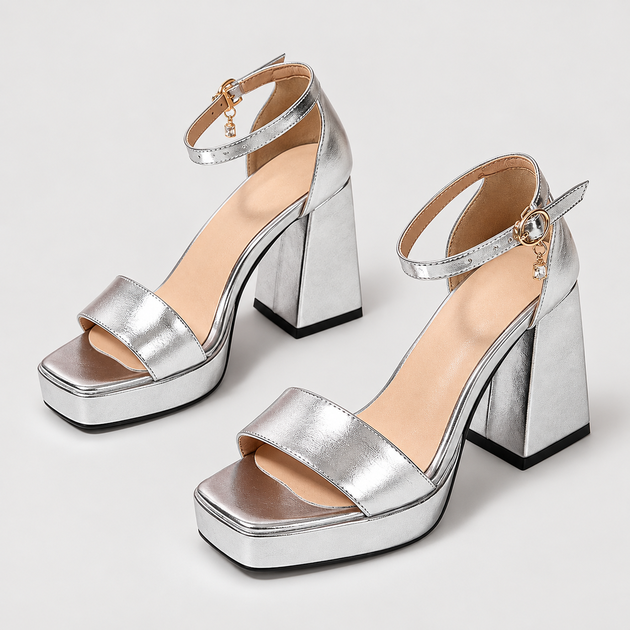 Metallic Ankle Strap Platform Block Heel Sandals - Silver - variant image