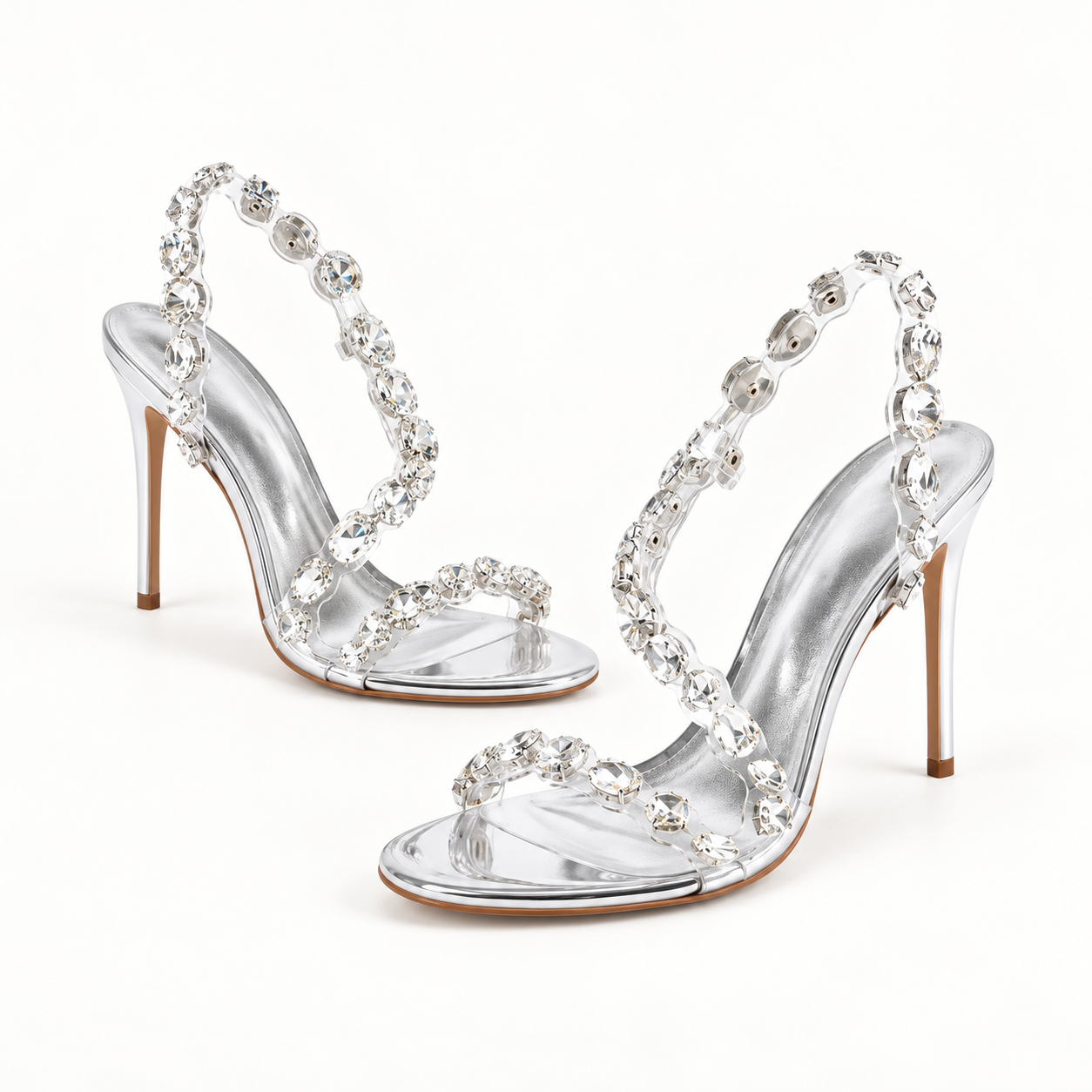 Gemstone Detail Clear Strap Stiletto Sandals - Silver - variant image